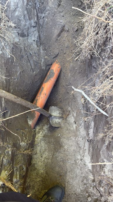 Freigelegtes Abwasserrohr bei Erdarbeiten im Gartenbereich